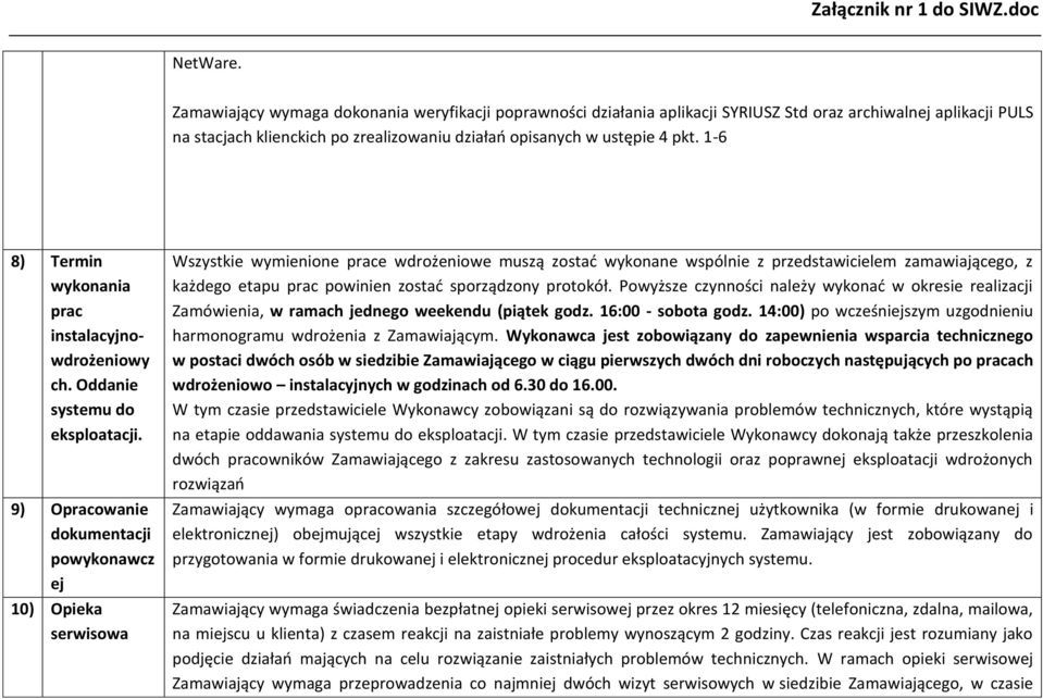 9) Opracowanie dokumentacji powykonawcz ej 10) Opieka serwisowa Wszystkie wymienione prace wdrożeniowe muszą zostad wykonane wspólnie z przedstawicielem zamawiającego, z każdego etapu prac powinien