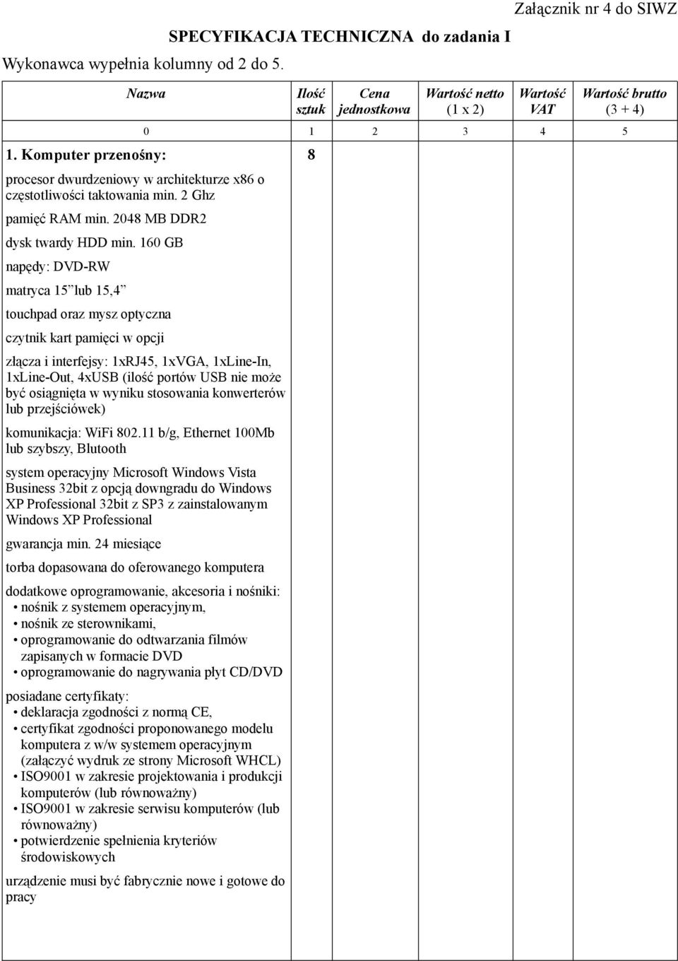 SIWZ VAT brutto (3 + 4) 0 1 2 3 4 5 złącza i interfejsy: 1xRJ45, 1xVGA, 1xLine-In, 1xLine-Out, 4xUSB (ilość portów USB nie może być osiągnięta w wyniku stosowania konwerterów lub przejściówek)