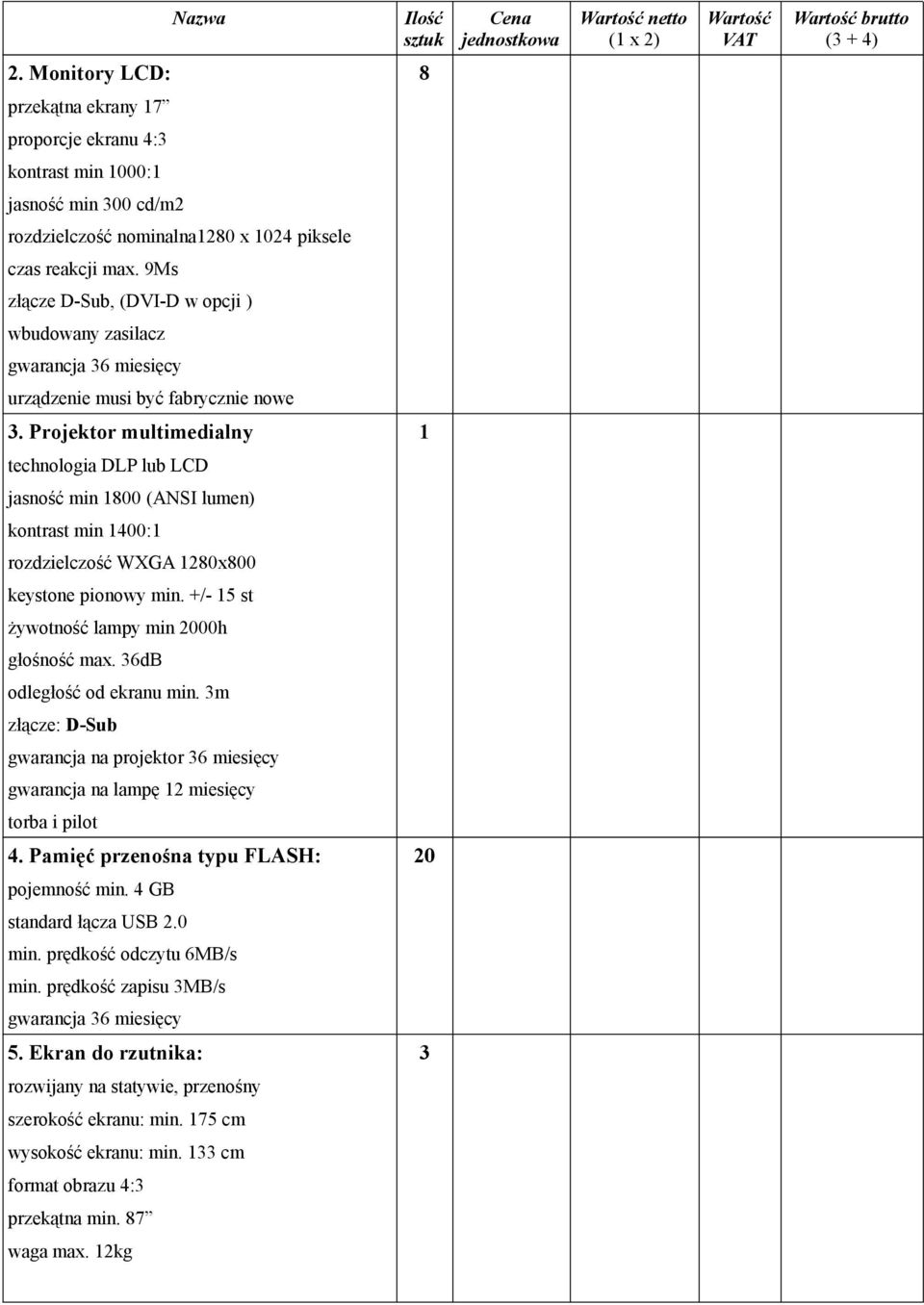 9Ms złącze D-Sub, (DVI-D w opcji ) wbudowany zasilacz gwarancja 36 miesięcy urządzenie musi być fabrycznie nowe 3.