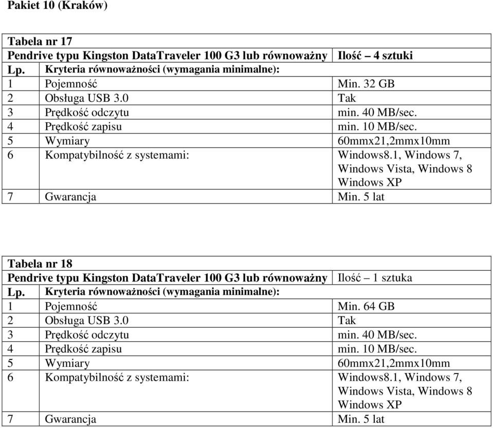 1, Windows 7, Windows Vista, Windows 8 Windows XP 7 Gwarancja Min. 5 lat Tabela nr 18 Pendrive typu Kingston DataTraveler 100 G3 lub równoważny Lp.