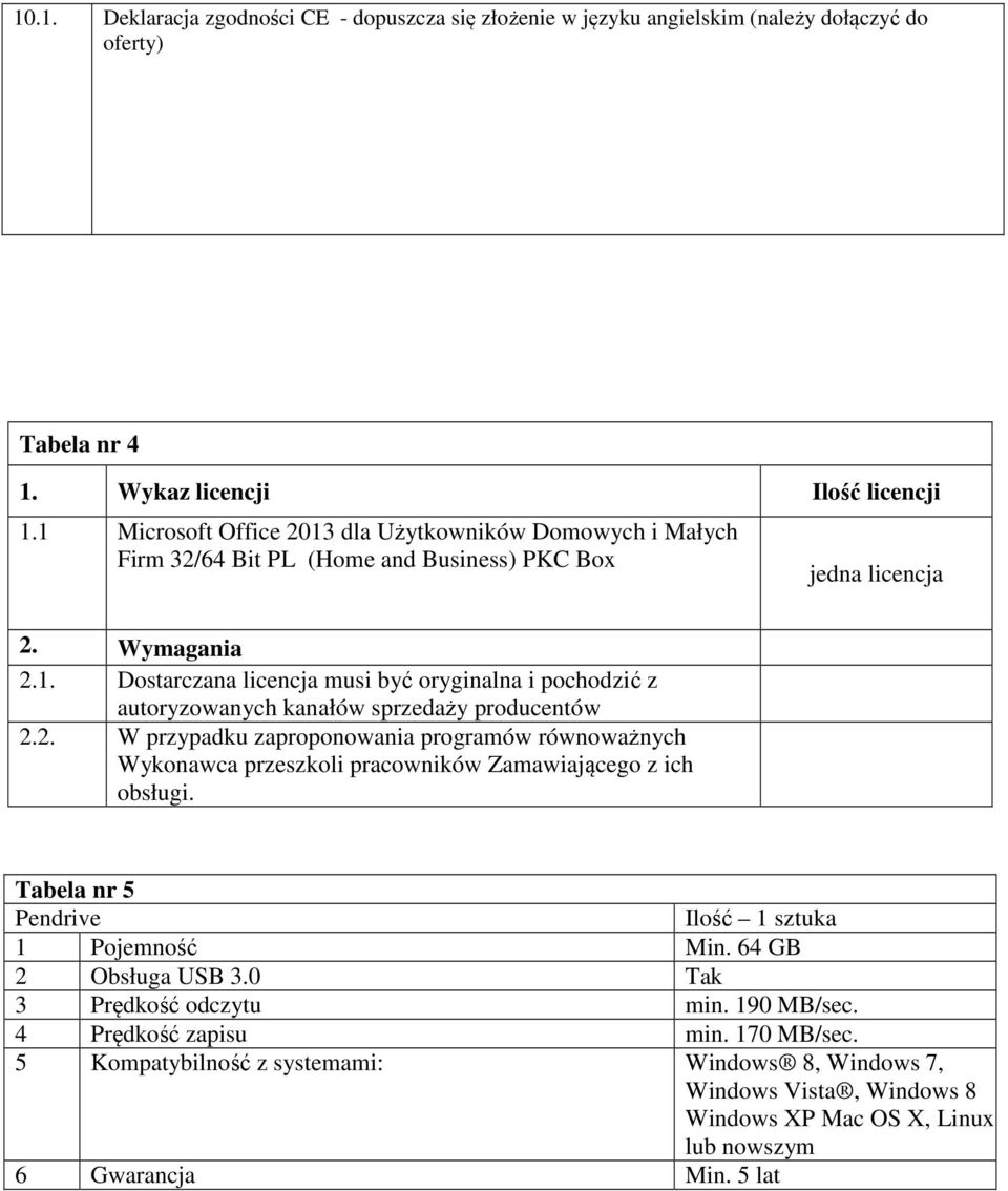 2. W przypadku zaproponowania programów równoważnych Wykonawca przeszkoli pracowników Zamawiającego z ich obsługi. Tabela nr 5 Pendrive 1 Pojemność Min. 64 GB 2 Obsługa USB 3.