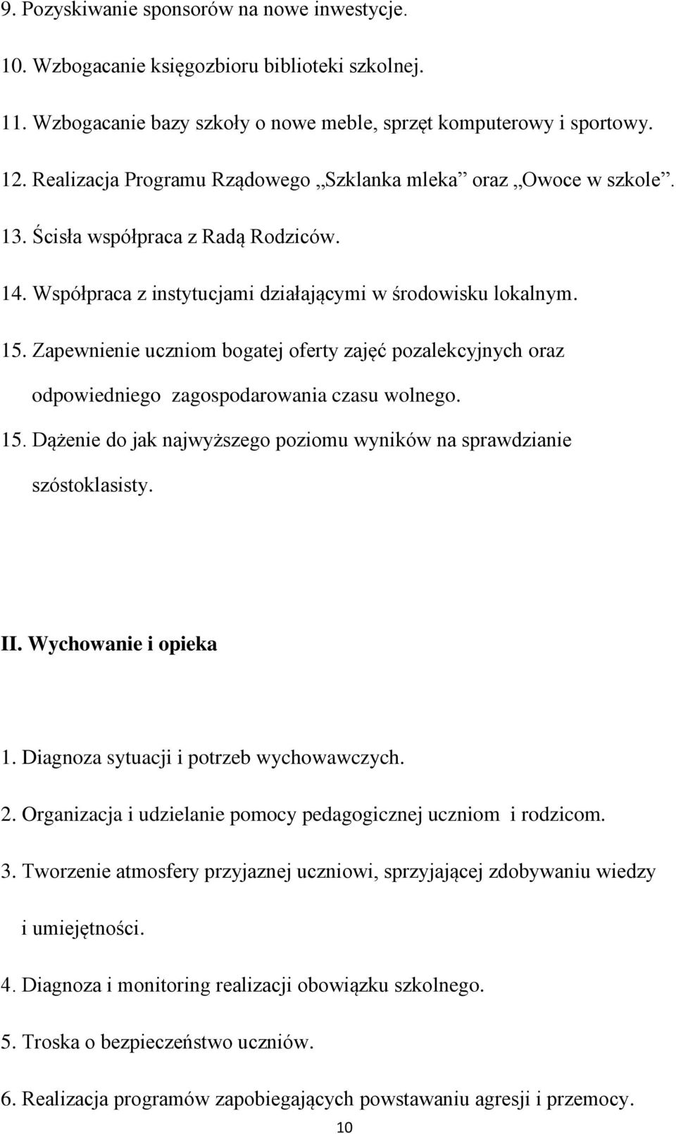 Zapewnienie uczniom bogatej oferty zajęć pozalekcyjnych oraz odpowiedniego zagospodarowania czasu wolnego. 15. Dążenie do jak najwyższego poziomu wyników na sprawdzianie szóstoklasisty. II.