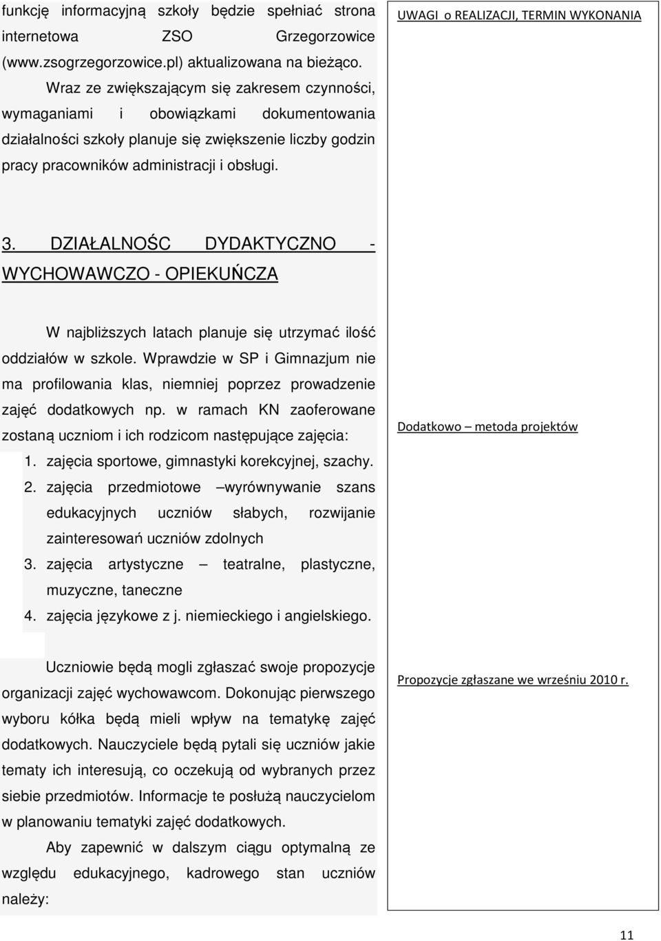 UWAGI o REALIZACJI, TERMIN WYKONANIA 3. DZIAŁALNOŚC DYDAKTYCZNO - WYCHOWAWCZO - OPIEKUŃCZA W najbliższych latach planuje się utrzymać ilość oddziałów w szkole.