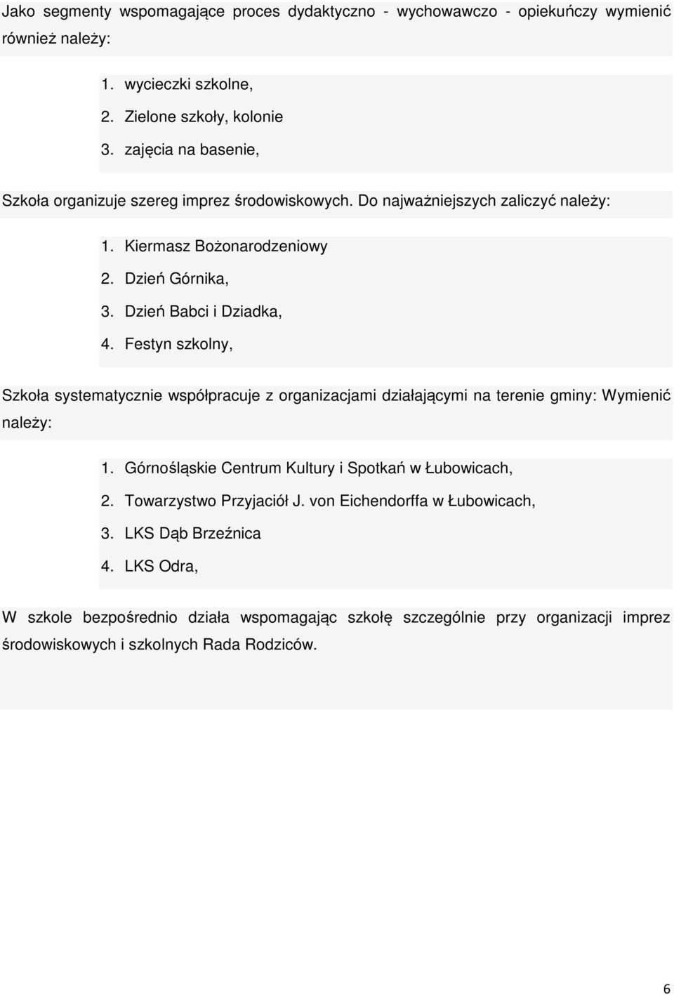 Festyn szkolny, Szkoła systematycznie współpracuje z organizacjami działającymi na terenie gminy: Wymienić należy: 1. Górnośląskie Centrum Kultury i Spotkań w Łubowicach, 2.