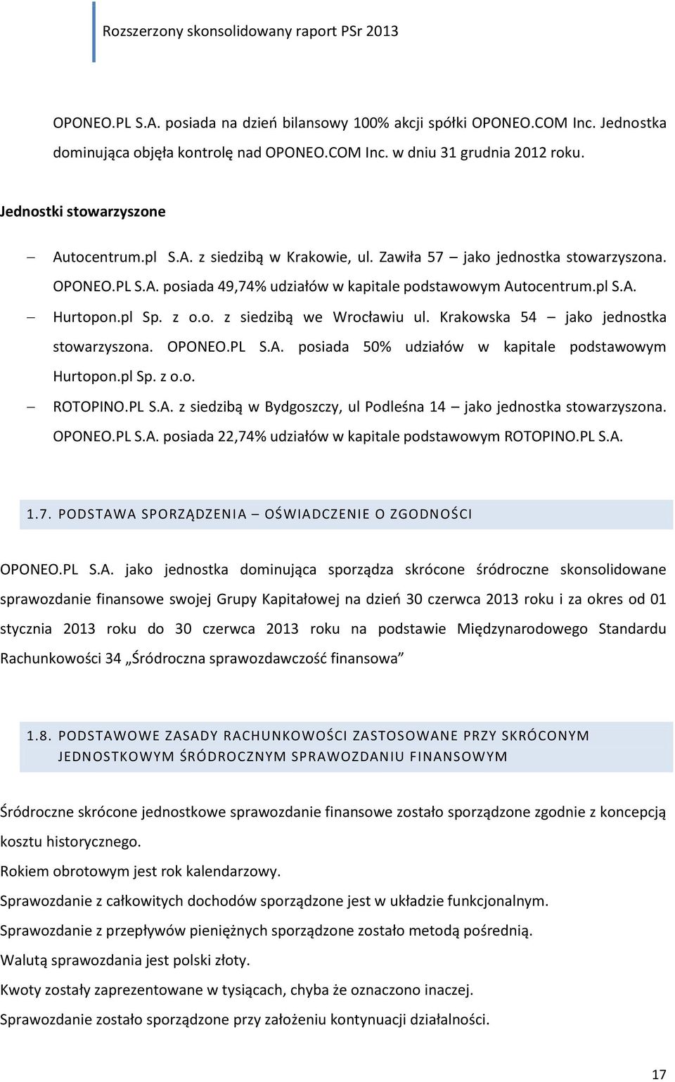 Krakowska 54 jako jednostka stowarzyszona. OPONEO.PL S.A. posiada 50% udziałów w kapitale podstawowym Hurtopon.pl Sp. z o.o. ROTOPINO.PL S.A. z siedzibą w Bydgoszczy, ul Podleśna 14 jako jednostka stowarzyszona.