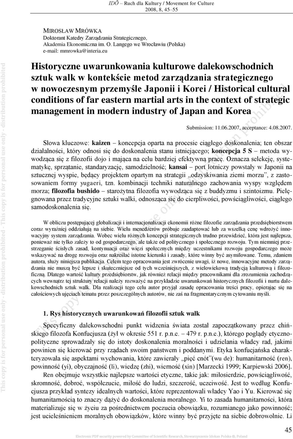 eu This copy is for personal use only - distribution prohibited - This copy is for personal use only - distribution prohibited Historyczne uwarunkowania kulturowe dalekowschodnich sztuk walk w