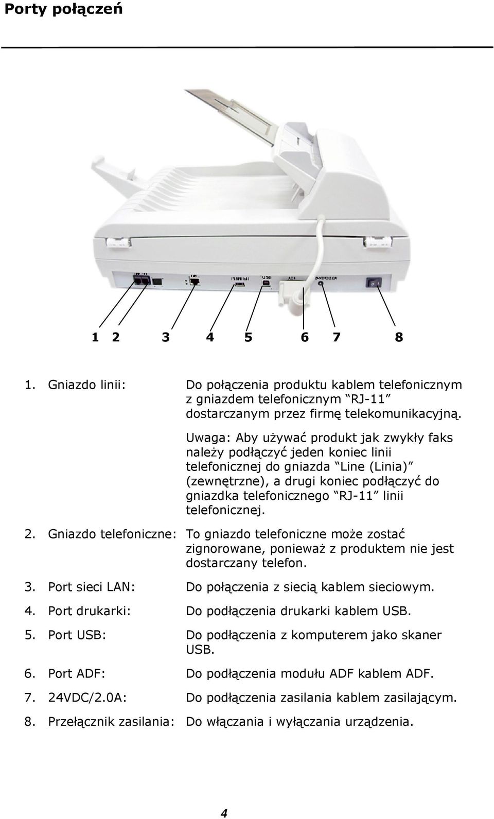 telefonicznej. 2. Gniazdo telefoniczne: To gniazdo telefoniczne może zostać zignorowane, ponieważ z produktem nie jest dostarczany telefon. 3. Port sieci LAN: Do połączenia z siecią kablem sieciowym.