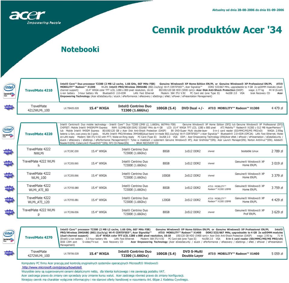 11a/b/g) Wi-Fi CERTIFIED, Acer SignalUp DDR2 533/667 MHz, upgradeable to 4 GB 2x sodimm modules (dualchannel support) color TFT LCD, 1280 x 800 pixel resolution, 16:10 80/100/120 GB HDD (5400 rpm)+