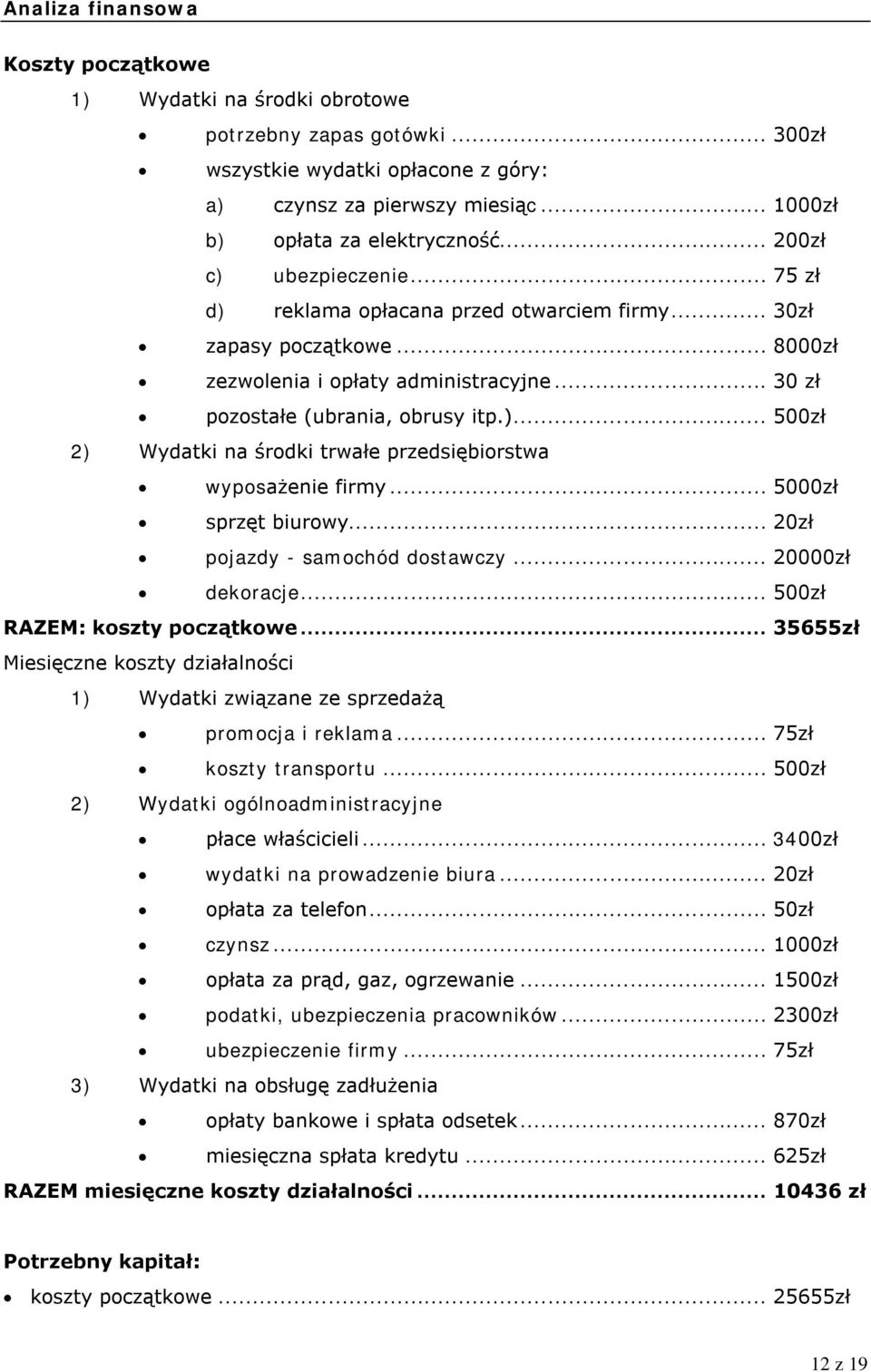 .. 5000zł sprzęt biurowy... 0zł pojazdy - samochód dostawczy... 0000zł dekoracje... 500zł RAZEM: koszty początkowe.