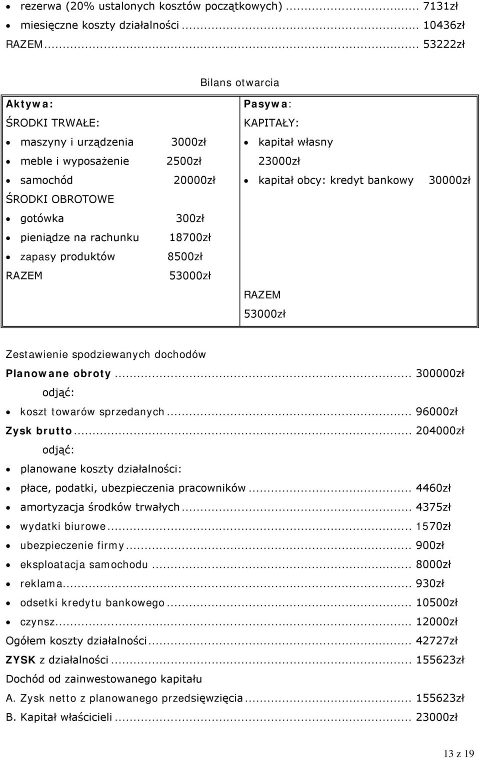 ŚRODKI OBROTOWE gotówka 300zł pieniądze na rachunku 1800zł zapasy produktów 8500zł RAZEM 53000zł RAZEM 53000zł Zestawienie spodziewanych dochodów Planowane obroty.