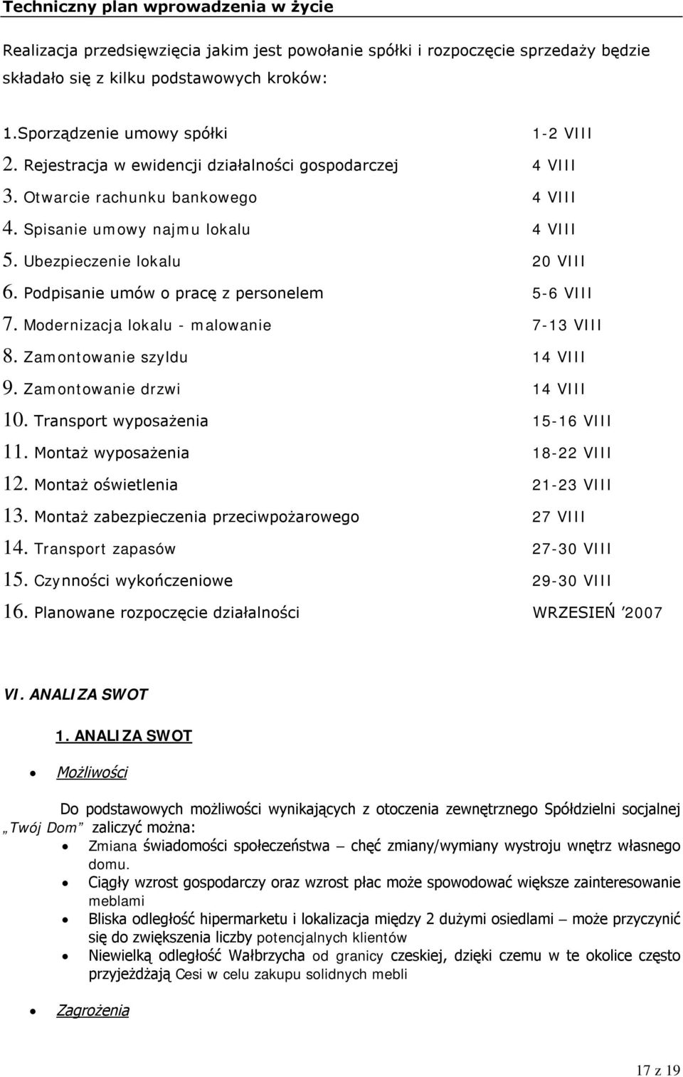 Ubezpieczenie lokalu 0 VIII 6. Podpisanie umów o pracę z personelem 5-6 VIII. Modernizacja lokalu - malowanie -13 VIII 8. Zamontowanie szyldu 14 VIII 9. Zamontowanie drzwi 14 VIII 10.