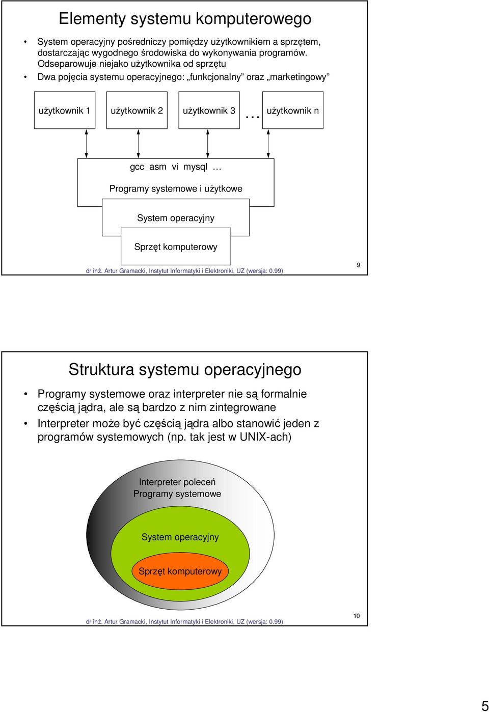 Programy systemowe i użytkowe System operacyjny Sprzęt komputerowy 9 Struktura systemu operacyjnego Programy systemowe oraz interpreter nie są formalnie częścią jądra, ale są