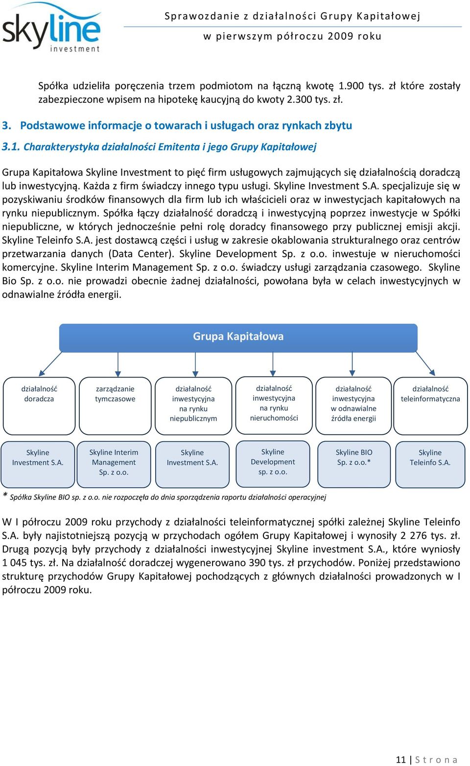 Charakterystyka działalności Emitenta i jego Grupy Kapitałowej Grupa Kapitałowa Skyline Investment to pięć firm usługowych zajmujących się działalnością doradczą lub inwestycyjną.