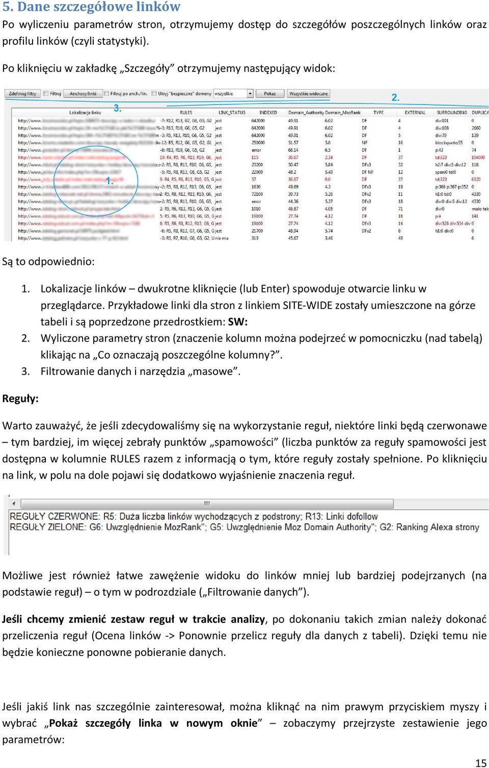 Przykładowe linki dla stron z linkiem SITE-WIDE zostały umieszczone na górze tabeli i są poprzedzone przedrostkiem: SW: 2.