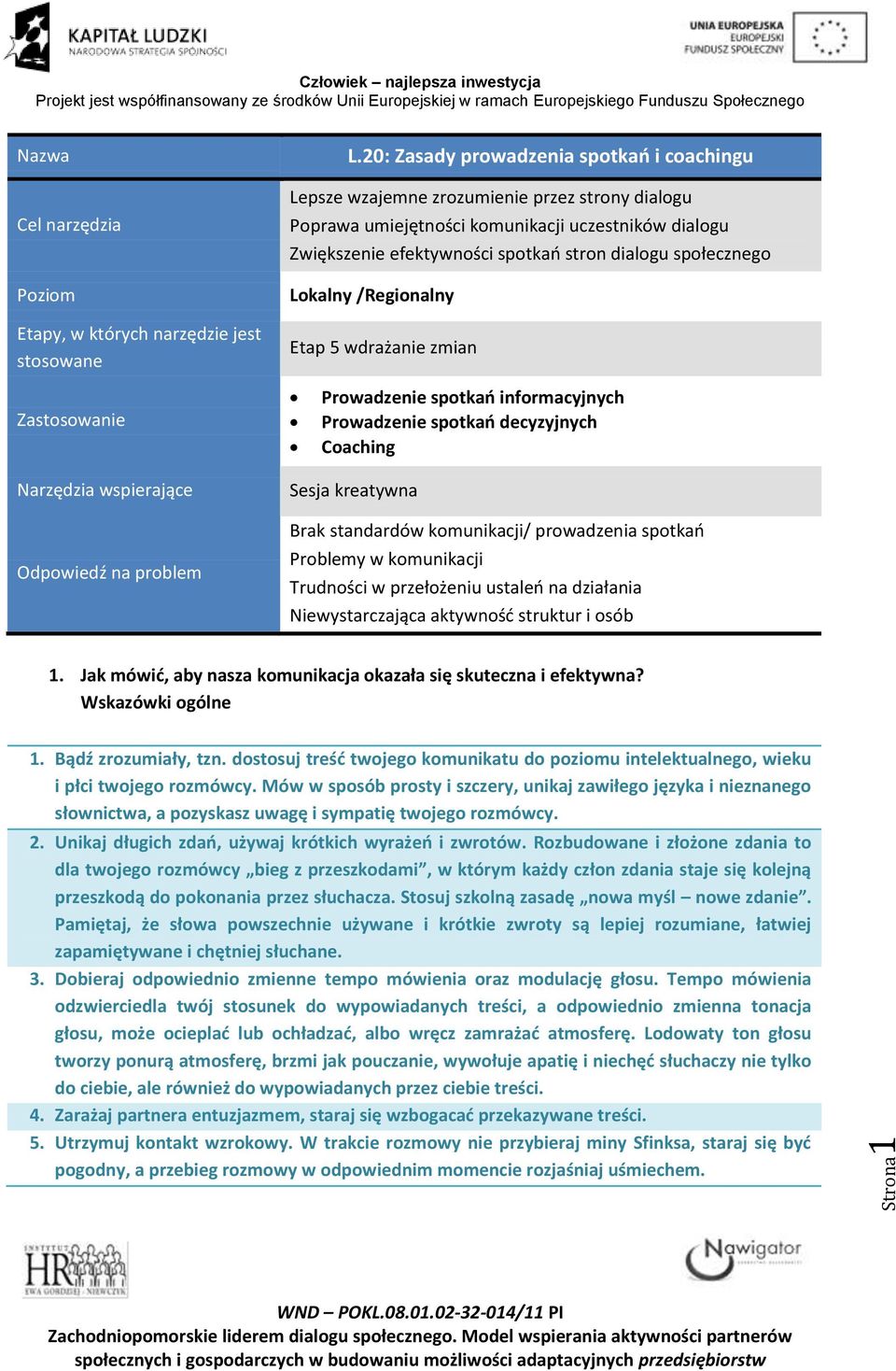 społecznego Lokalny /Regionalny Etapy, w których narzędzie jest stosowane Etap 5 wdrażanie zmian Zastosowanie Prowadzenie spotkań informacyjnych Prowadzenie spotkań decyzyjnych Coaching Narzędzia