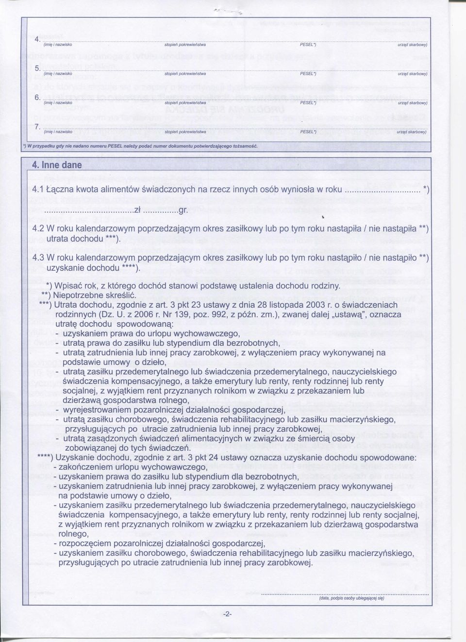 1 L^czna kwota alimentow swiadczonych na rzecz innych osob wyniosia w roku *) z t g r 4.