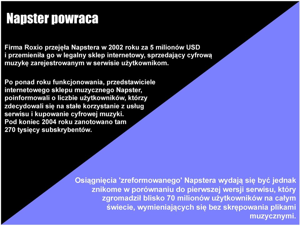 Po ponad roku funkcjonowania, przedstawiciele internetowego sklepu muzycznego Napster, poinformowali o liczbie użytkowników, którzy zdecydowali się na stałe korzystanie z