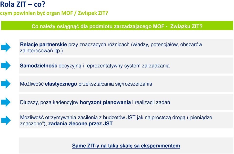 ) Samodzielność decyzyjną i reprezentatywny system zarządzania Możliwość elastycznego przekształcania się/rozszerzania Dłuższy, poza