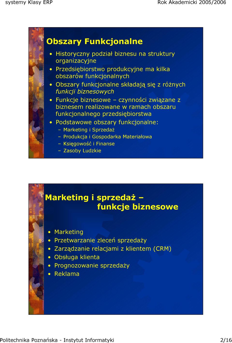 obszary funkcjonalne: Marketing i Sprzedaż Produkcja i Gospodarka Materiałowa Księgowość i Finanse Zasoby Ludzkie Marketing i sprzedaż funkcje biznesowe Marketing