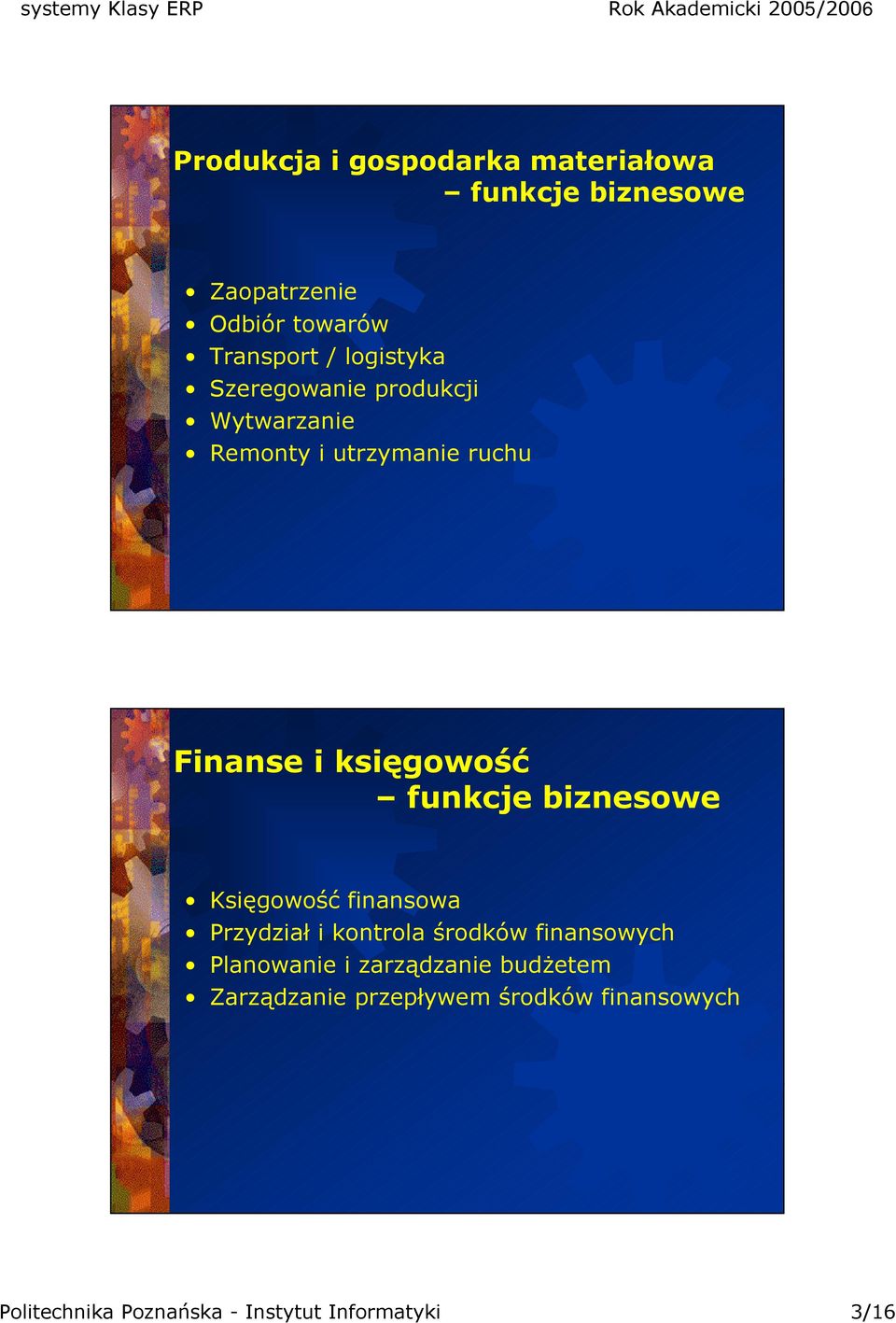 funkcje biznesowe Księgowość finansowa Przydział i kontrola środków finansowych Planowanie i