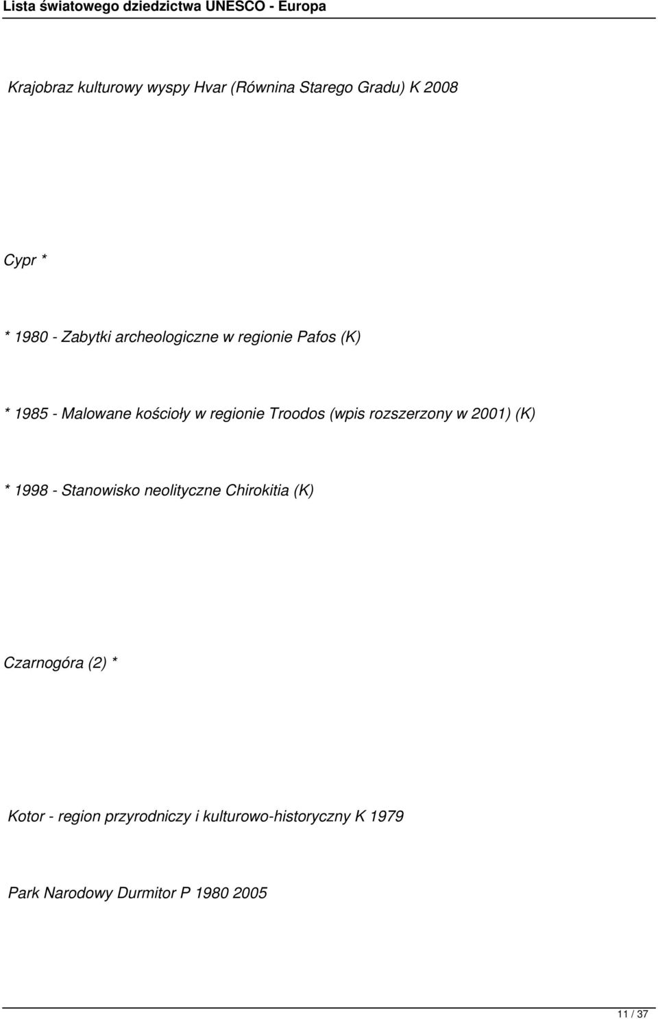 rozszerzony w 2001) (K) * 1998 - Stanowisko neolityczne Chirokitia (K) Czarnogóra (2) *