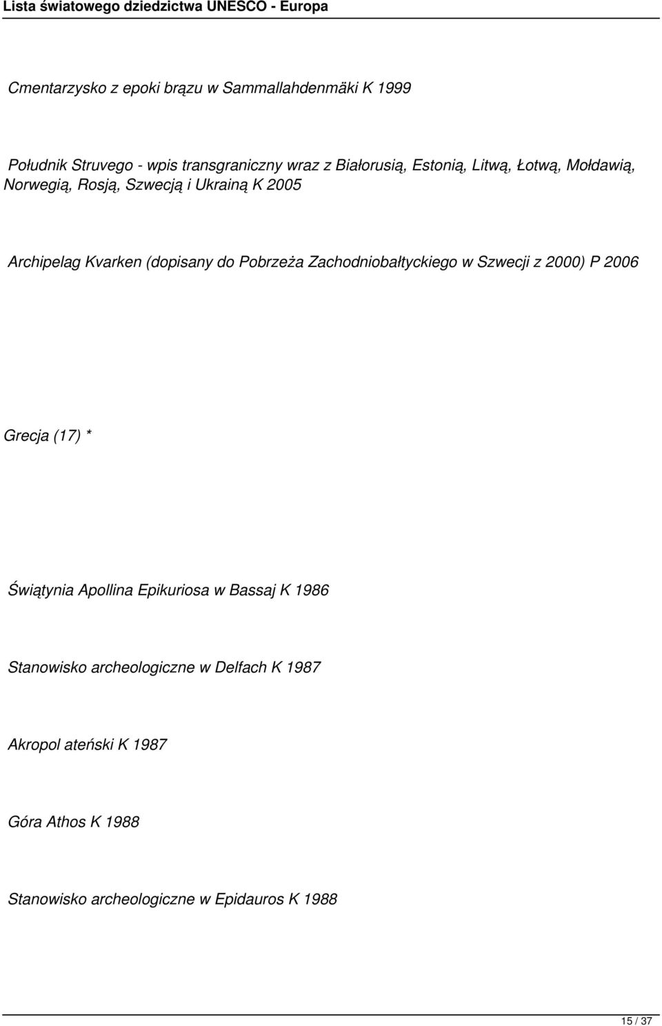 Zachodniobałtyckiego w Szwecji z 2000) P 2006 Grecja (17) * Świątynia Apollina Epikuriosa w Bassaj K 1986 Stanowisko