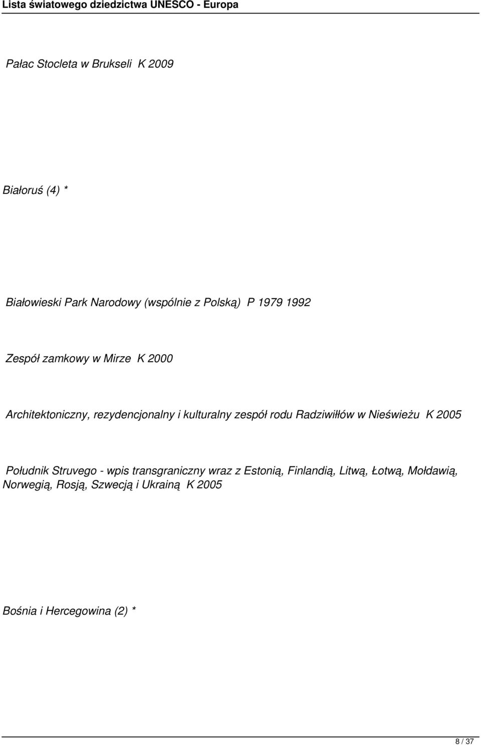 rodu Radziwiłłów w Nieświeżu K 2005 Południk Struvego - wpis transgraniczny wraz z Estonią,