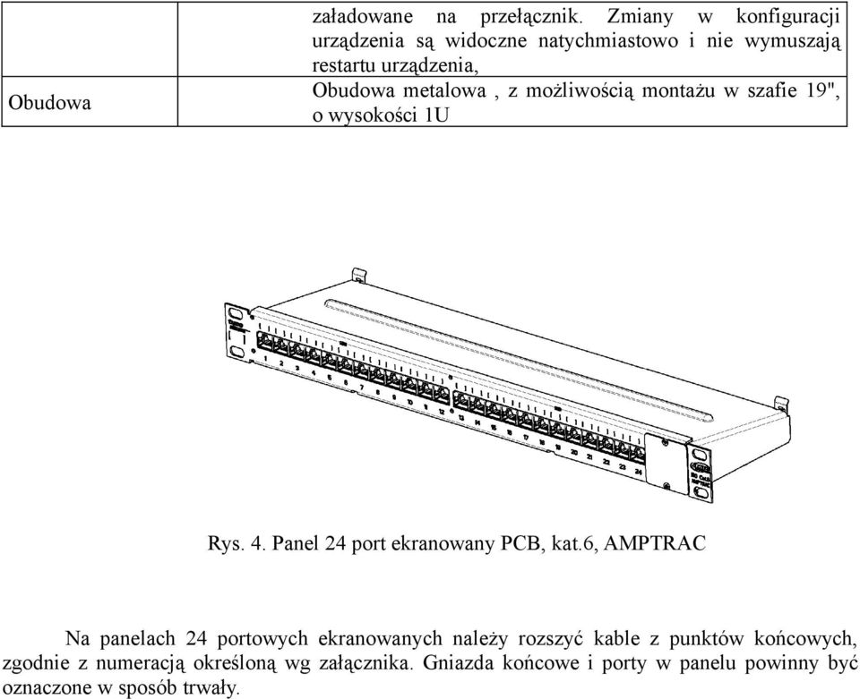 metalwa, z mżliwścią mntażu w szafie 19", wyskści 1U Rys. 4. Panel 24 prt ekranwany PCB, kat.