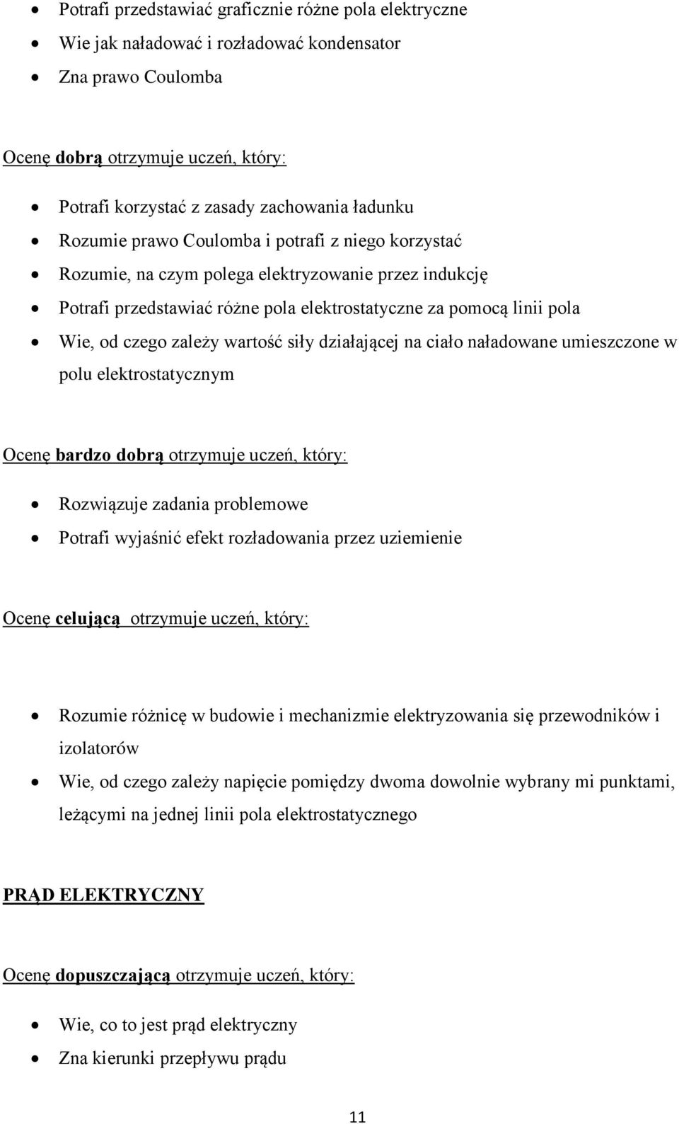 wartość siły działającej na ciało naładowane umieszczone w polu elektrostatycznym Ocenę bardzo dobrą otrzymuje uczeń, który: Rozwiązuje zadania problemowe Potrafi wyjaśnić efekt rozładowania przez