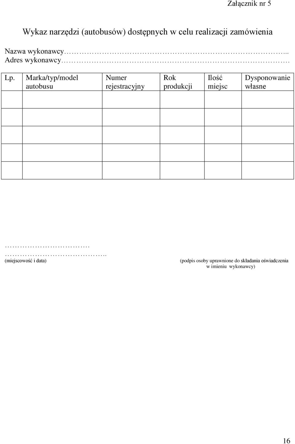 Marka/typ/model autobusu Numer rejestracyjny Rok produkcji Ilość miejsc