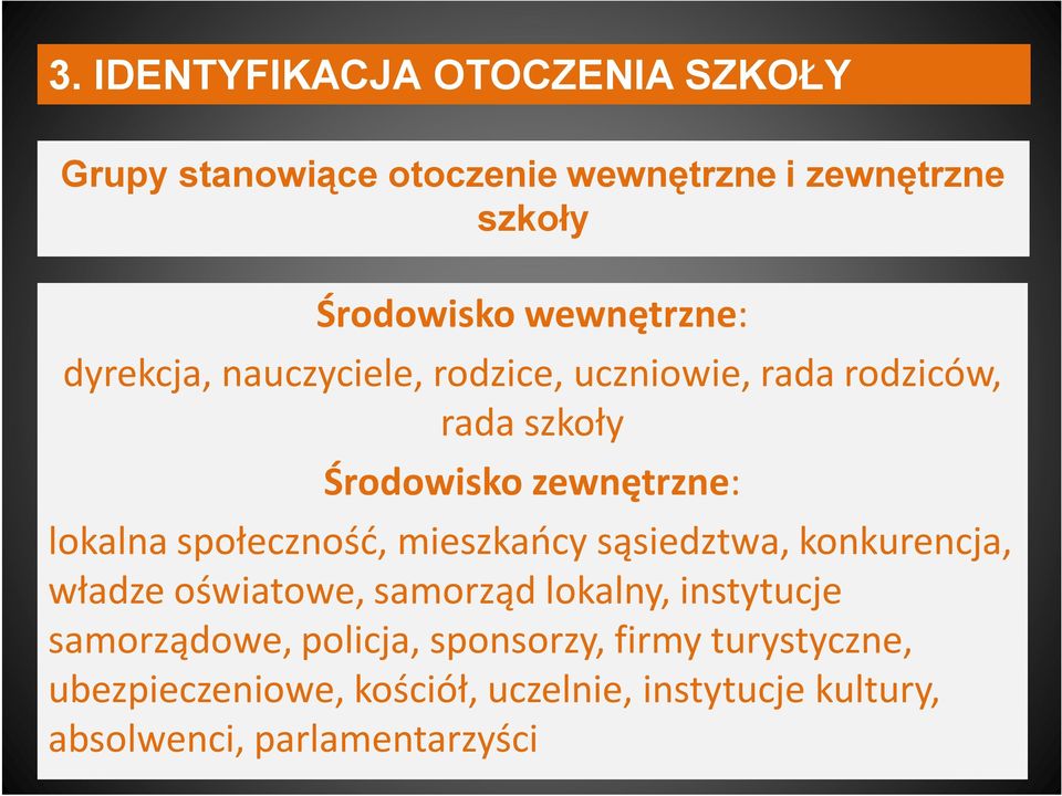 lokalna społeczność, mieszkańcy sąsiedztwa, konkurencja, władze oświatowe, samorząd lokalny, instytucje