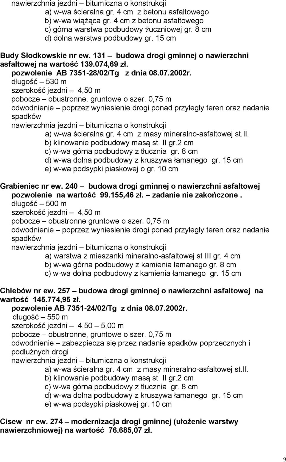 długość 530 m szerokość jezdni 4,50 m pobocze obustronne, gruntowe o szer. 0,75 m odwodnienie poprzez wyniesienie drogi ponad przyległy teren oraz nadanie spadków a) w-wa ścieralna gr.