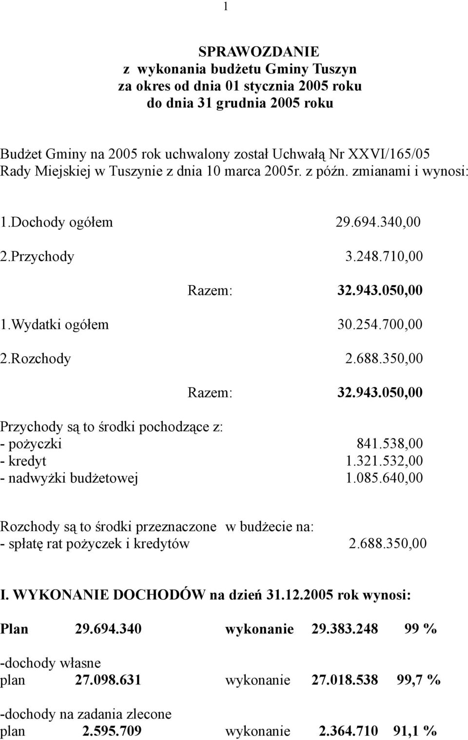 350,00 Razem: 32.943.050,00 Przychody są to środki pochodzące z: - pożyczki 841.538,00 - kredyt 1.321.532,00 - nadwyżki budżetowej 1.085.