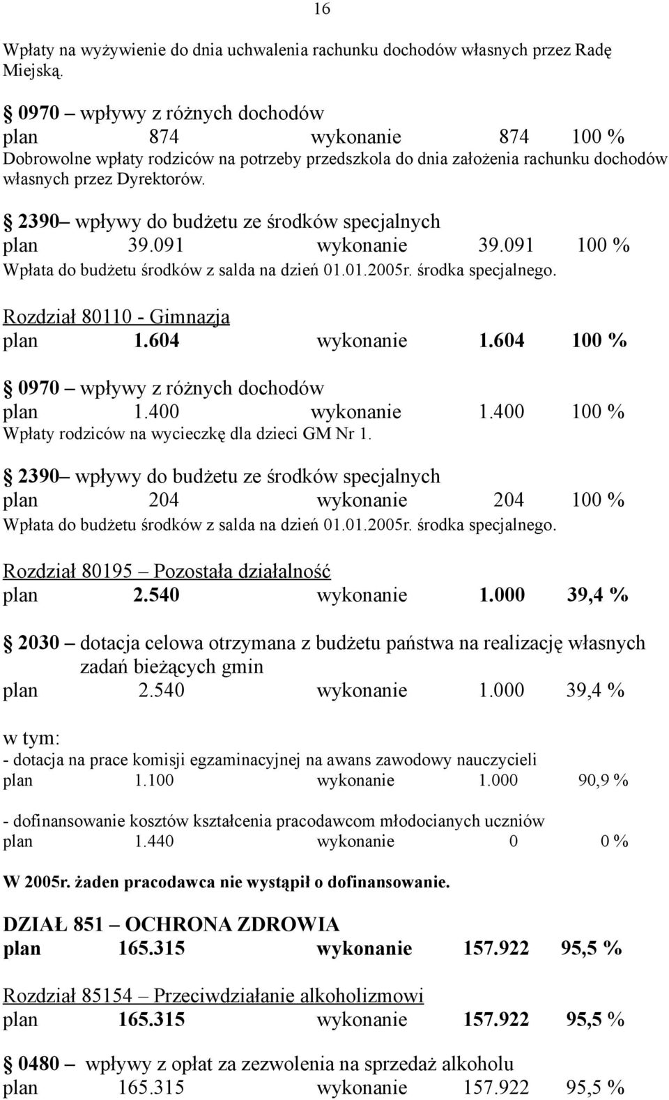 2390 wpływy do budżetu ze środków specjalnych plan 39.091 wykonanie 39.091 100 % Wpłata do budżetu środków z salda na dzień 01.01.2005r. środka specjalnego. Rozdział 80110 - Gimnazja plan 1.