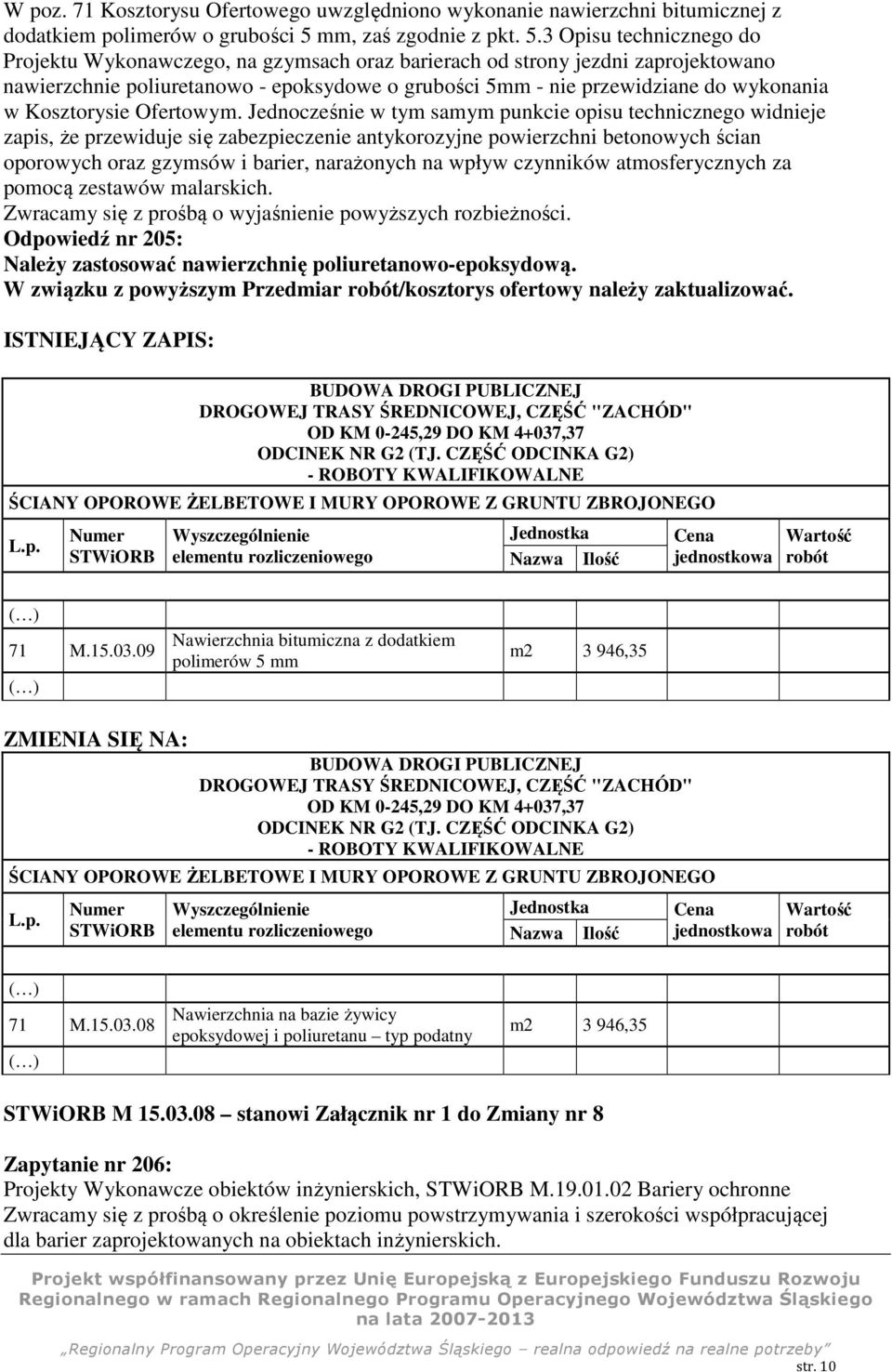 3 Opisu technicznego do Projektu Wykonawczego, na gzymsach oraz barierach od strony jezdni zaprojektowano nawierzchnie poliuretanowo - epoksydowe o grubości 5mm - nie przewidziane do wykonania w