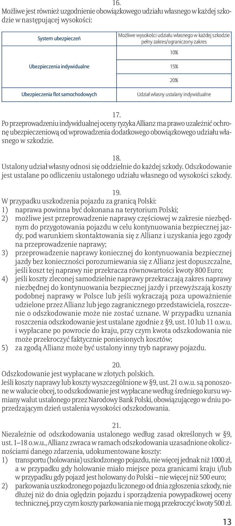 Po przeprowadzeniu indywidualnej oceny ryzyka Allianz ma prawo uzależnić ochronę ubezpieczeniową od wprowadzenia dodatkowego obowiązkowego udziału własnego w szkodzie. 18.