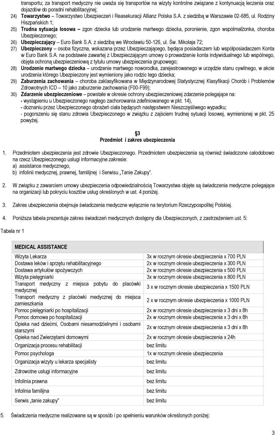 Rodziny Hiszpańskich 1; 25) Trudna sytuacja losowa zgon dziecka lub urodzenie martwego dziecka, poronienie, zgon współmałżonka, choroba Ubezpieczonego; 26) Ubezpieczający Euro Bank S.A.