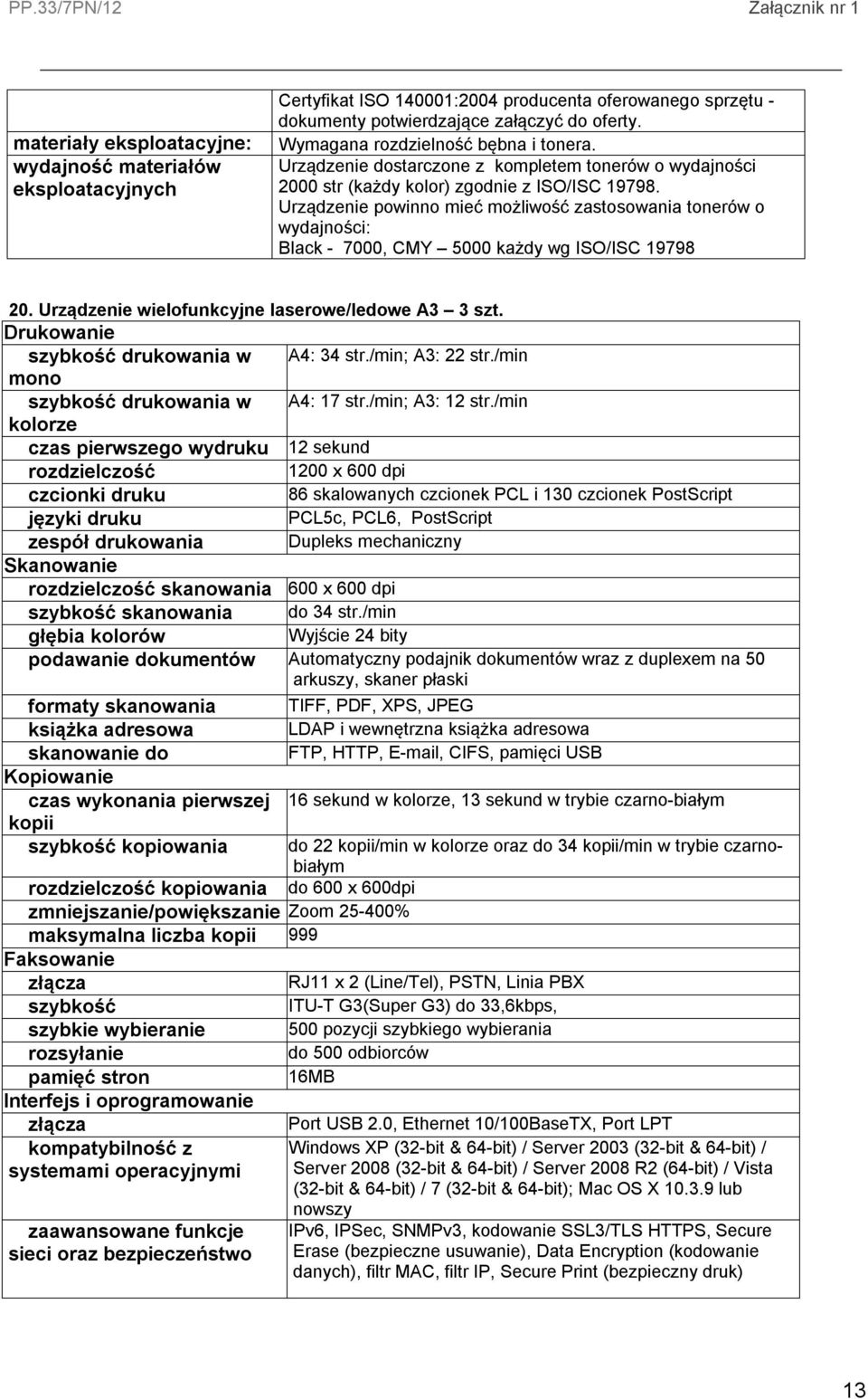 Urządzenie powinno mieć możliwość zastosowania tonerów o wydajności: Black - 7000, CMY 5000 każdy wg ISO/ISC 19798 20. Urządzenie wielofunkcyjne laserowe/ledowe A3 3 szt.