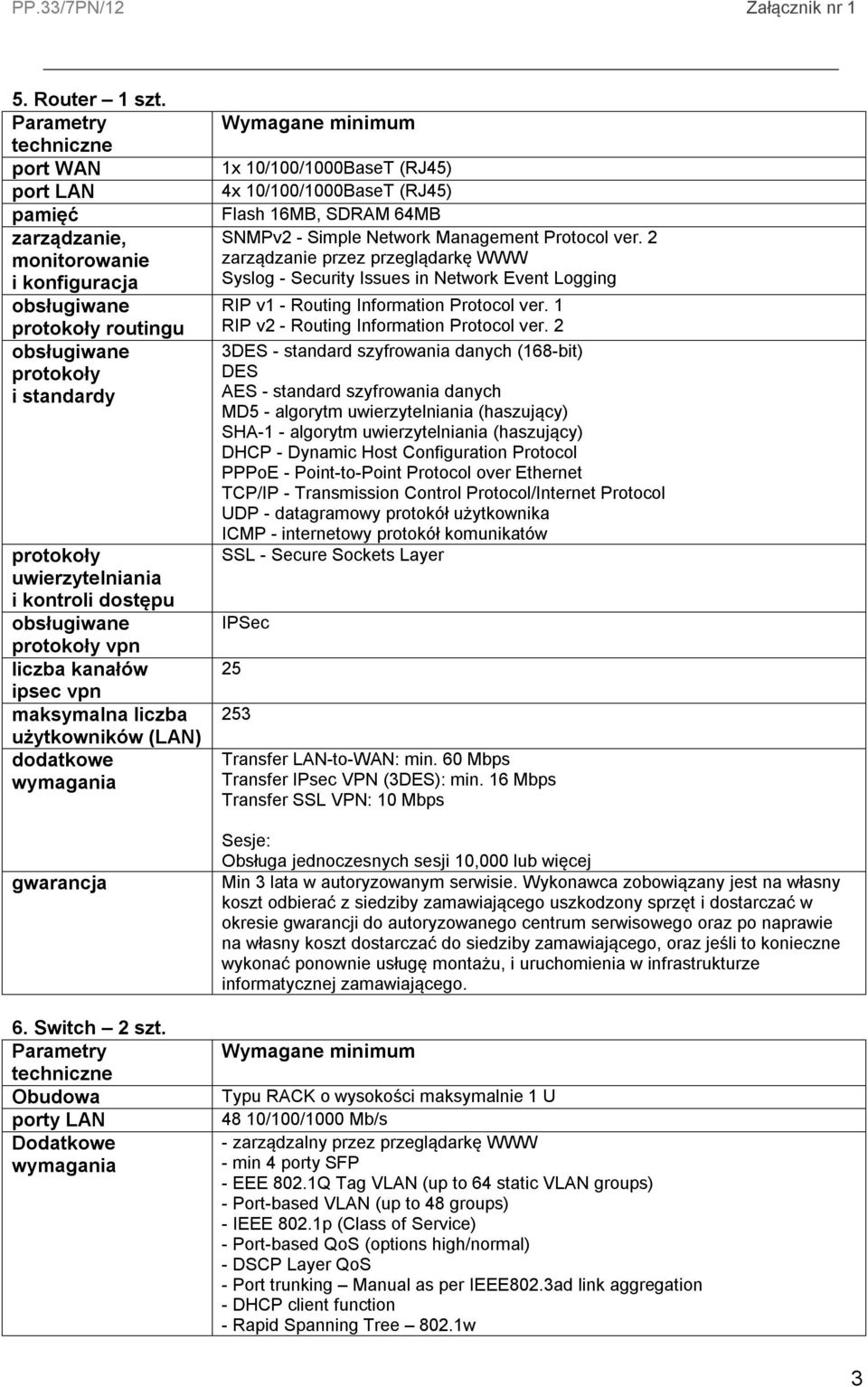 vpn liczba kanałów ipsec vpn maksymalna liczba użytkowników (LAN) dodatkowe wymagania 6. Switch 2 szt.
