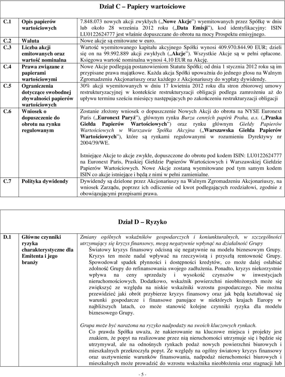 na mocy Prospektu emisyjnego. C.2 Waluta Nowe akcje są emitowane w euro. C.3 Liczba akcji emitowanych oraz wartość nominalna C.4 Prawa związane z papierami wartościowymi C.