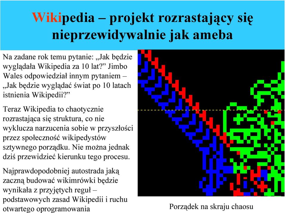 Teraz Wikipedia to chaotycznie rozrastająca się struktura, co nie wyklucza narzucenia sobie w przyszłości przez społeczność wikipedystów sztywnego porządku.