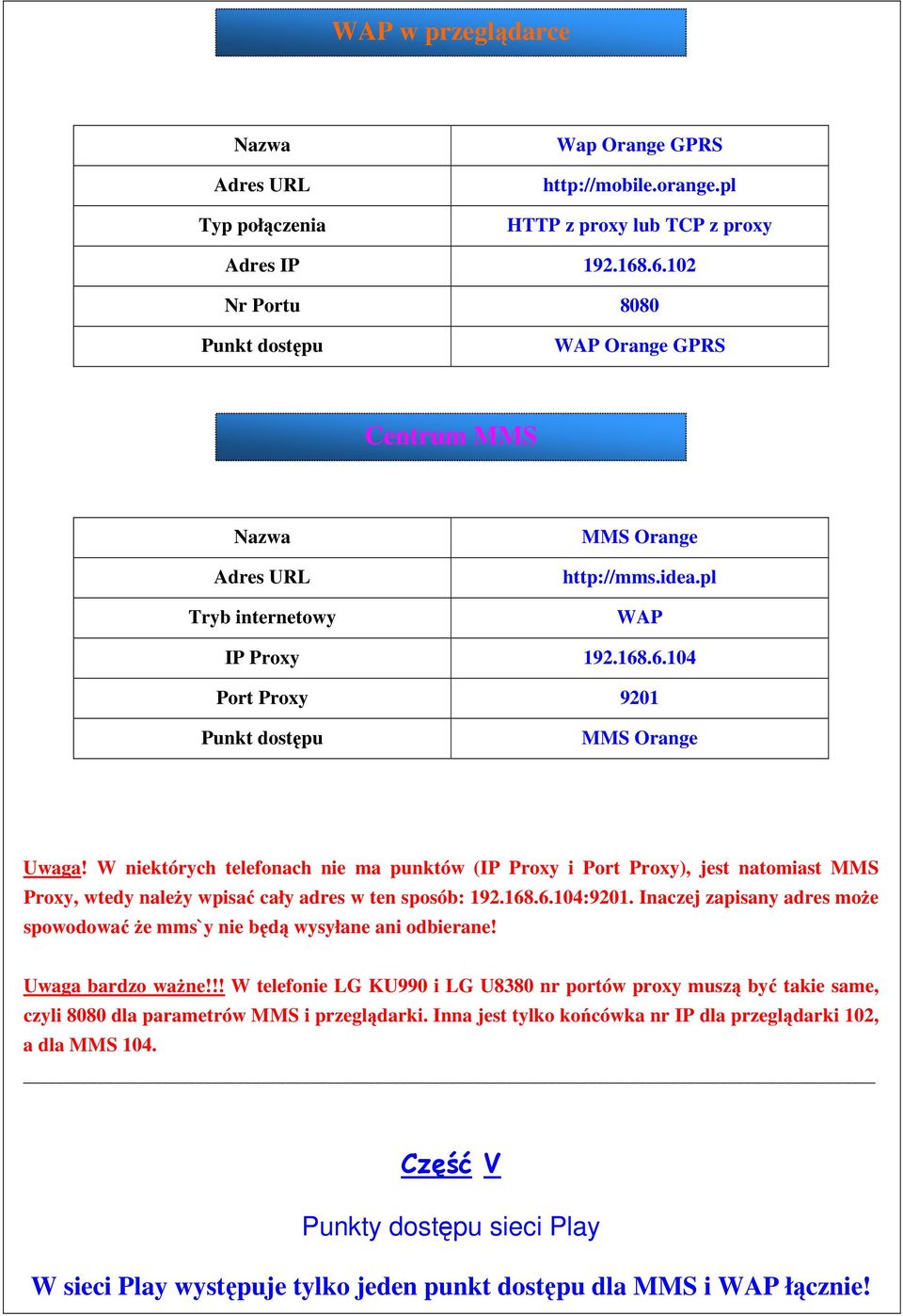 W niektórych telefonach nie ma punktów (IP Proxy i Port Proxy), jest natomiast MMS Proxy, wtedy należy wpisać cały adres w ten sposób: 192.168.6.104:9201.