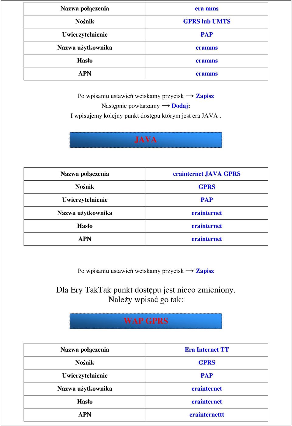 JAVA Nazwa połączenia Nośnik Uwierzytelnienie Nazwa użytkownika Hasło APN erainternet JAVA GPRS GPRS PAP erainternet erainternet erainternet Po wpisaniu ustawień