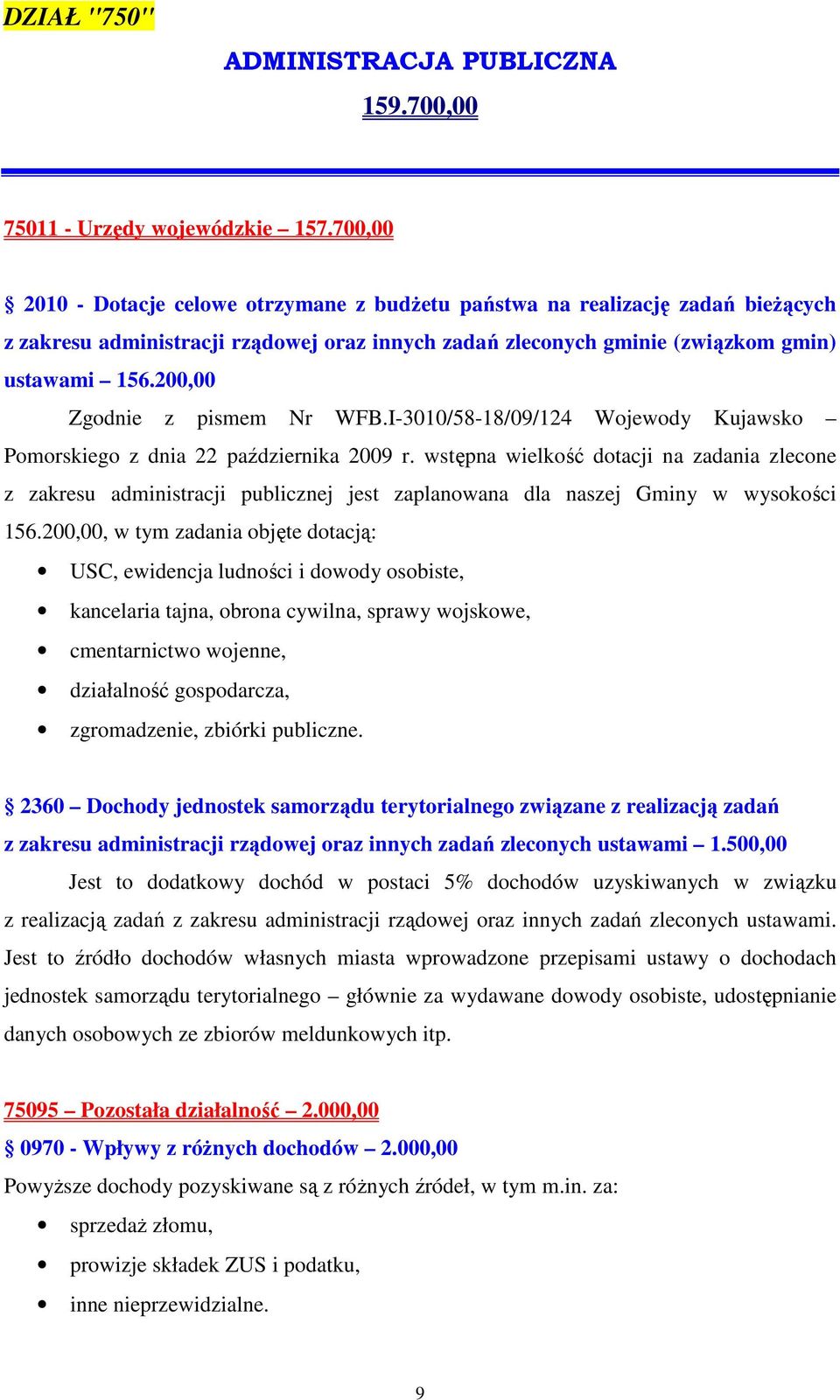 200,00 Zgodnie z pismem Nr WFB.I-3010/58-18/09/124 Wojewody Kujawsko Pomorskiego z dnia 22 października 2009 r.