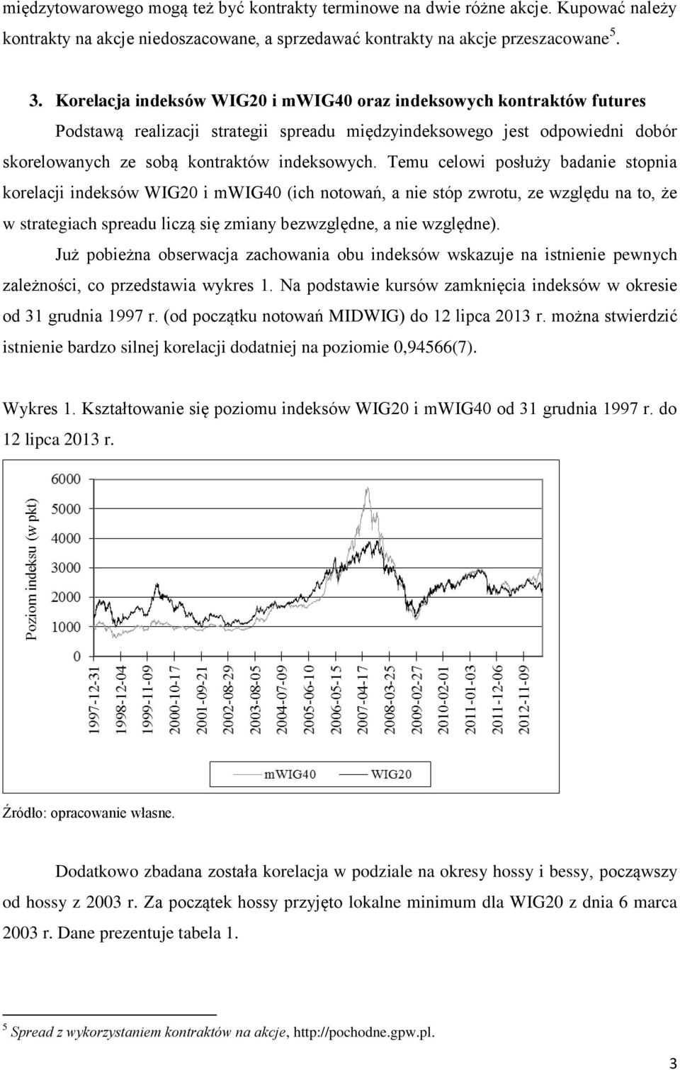 Temu celowi posłuży badanie stopnia korelacji indeksów WIG20 i mwig40 (ich notowań, a nie stóp zwrotu, ze względu na to, że w strategiach spreadu liczą się zmiany bezwzględne, a nie względne).