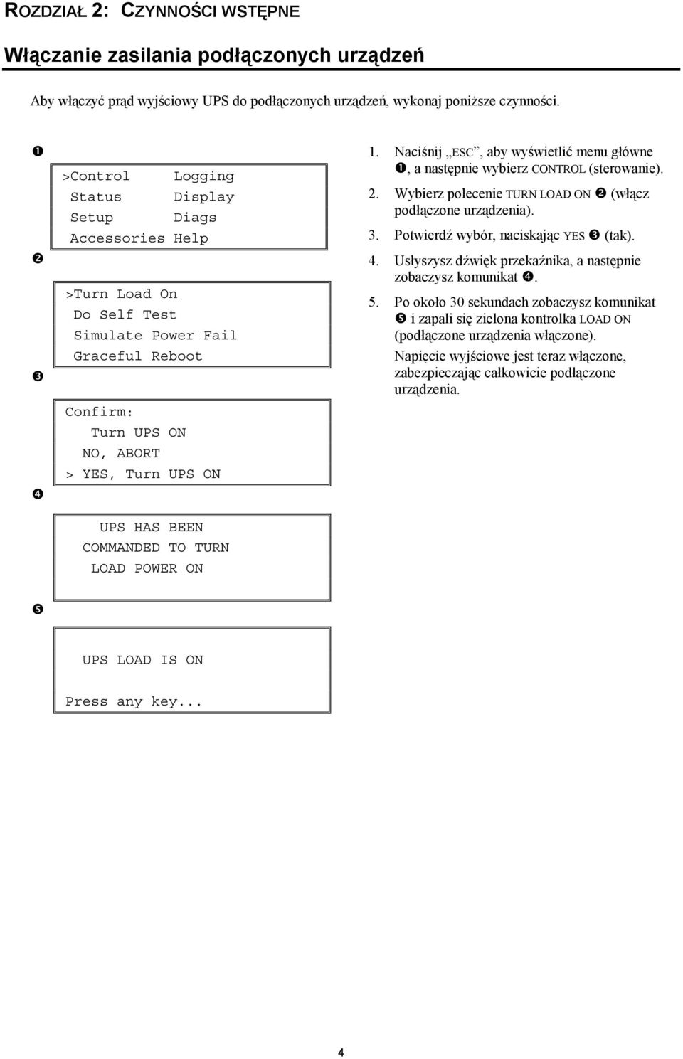 TURN LOAD POWER ON 1. Naciśnij ESC, aby wyświetlić menu główne, a następnie wybierz CONTROL (sterowanie). 2. Wybierz polecenie TURN LOAD ON (włącz podłączone urządzenia). 3.