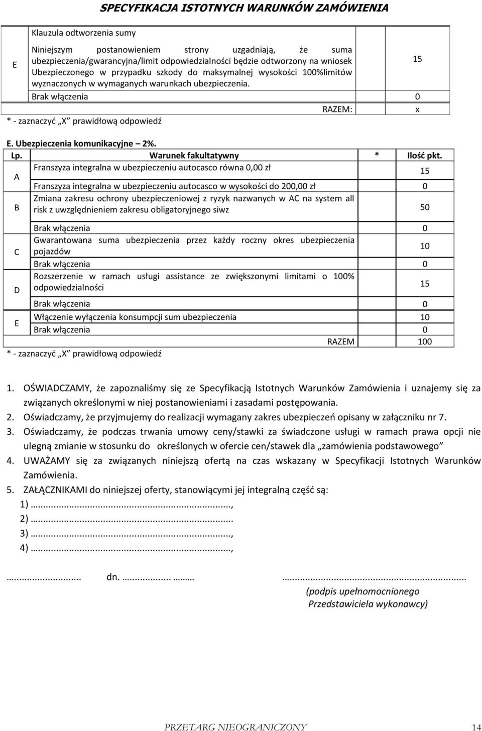 Ubezpieczenia komunikacyjne 2%. Lp. Warunek fakultatywny * Ilość pkt.