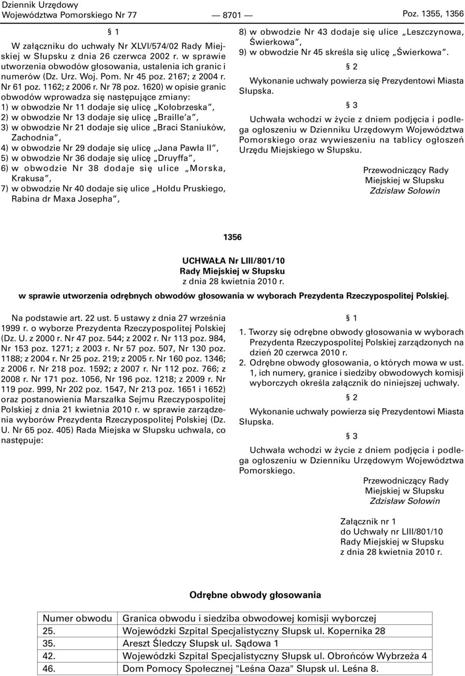 1620) w opisie granic obwodów wprowadza się następujące zmiany: 1) w obwodzie Nr 11 dodaje się ulicę Kołobrzeska, 2) w obwodzie Nr 13 dodaje się ulicę Braille a, 3) w obwodzie Nr 21 dodaje się ulice