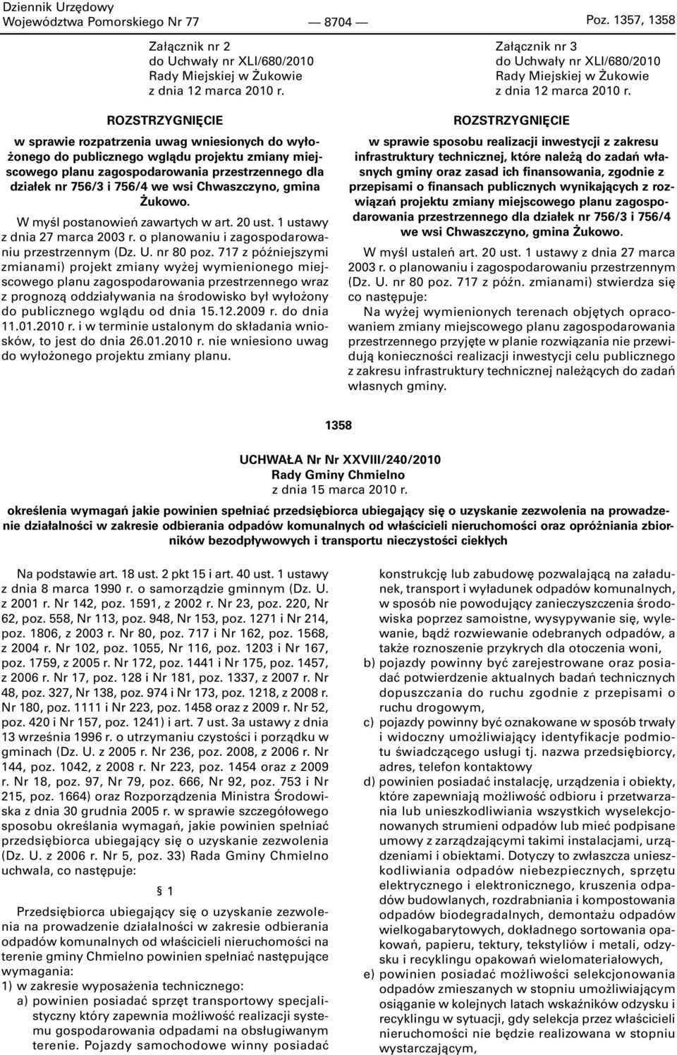 Chwaszczyno, gmina Żukowo. W myśl postanowień zawartych w art. 20 ust. 1 ustawy z dnia 27 marca 2003 r. o planowaniu i zagospodarowaniu przestrzennym (Dz. U. nr 80 poz.