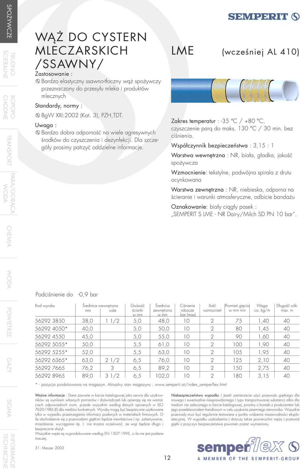 LME (wcześniej AL 410) Zakres temperatur : -35 C / +80 C, czyszczenie parą do maks. 130 C / 30 min. bez ciśnienia.